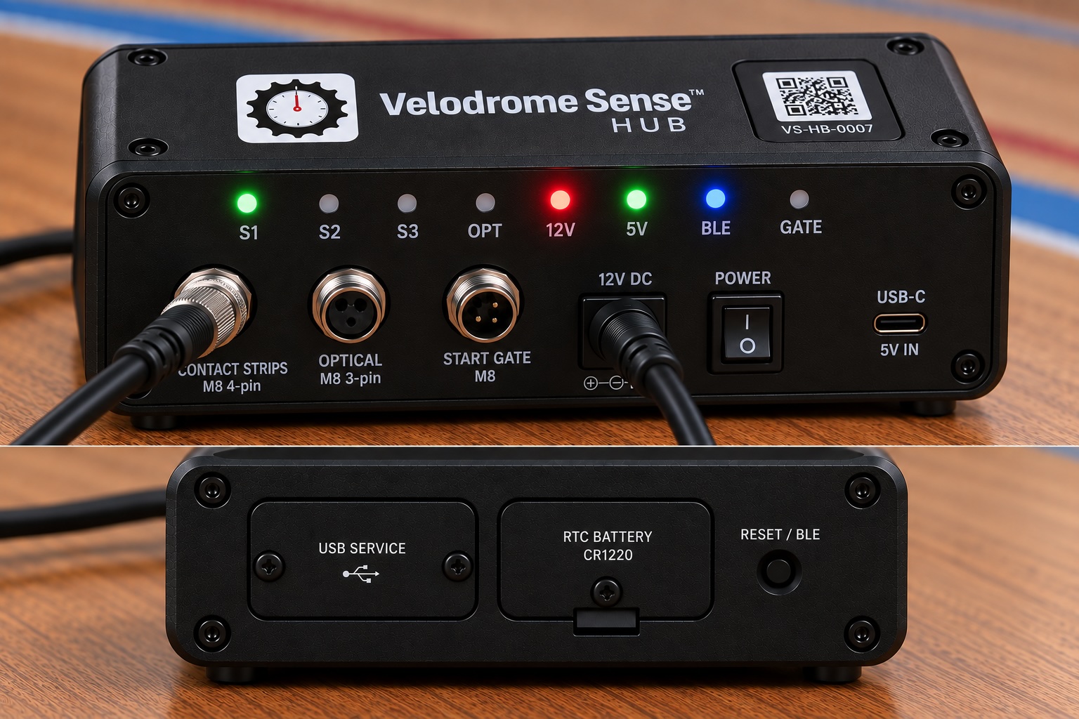 Velodrome Sense Hub concept showing sensor, start gate, power, and USB connections